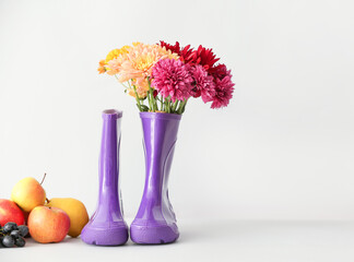Pair of rubber boots, chrysanthemum flowers and fruits on white background