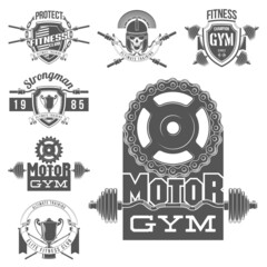 set of logo athletic club for bodybuilding, powerlifting, weightlifting crossfit and fitness training. Barbell club logo vintage design isolated on background. Emblem for gym and training of strongman