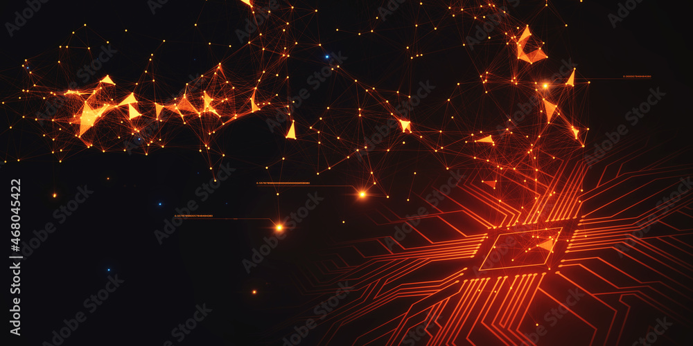 Poster Abstract red circuit with polygonal pattern on dark background. AI and hardware concept. 3D Rendering.