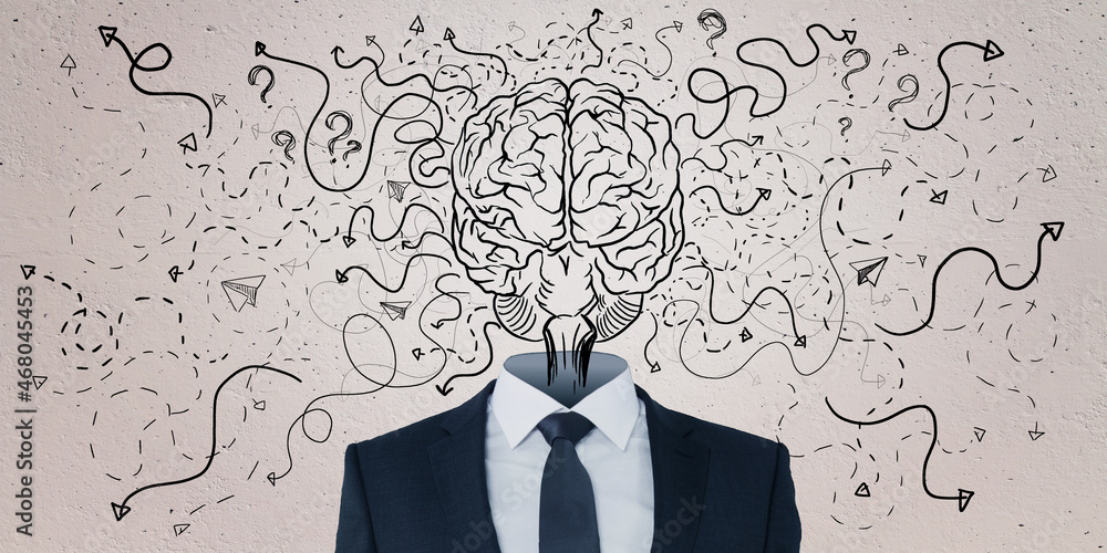 Poster Abstract businessman with brain head on concrete wall backdrop with arrows and thought icons sketch. Solution, direction, success and brainstorm concept.