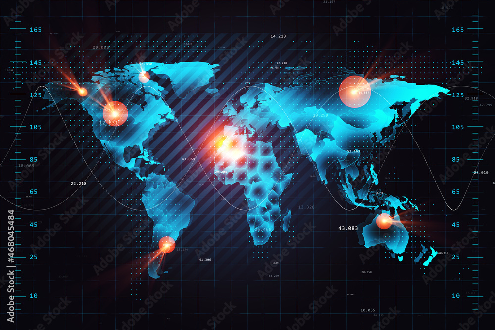 Poster Abstract glowing map hologram on dark background. Technology, future and planet concept. 3D Rendering.