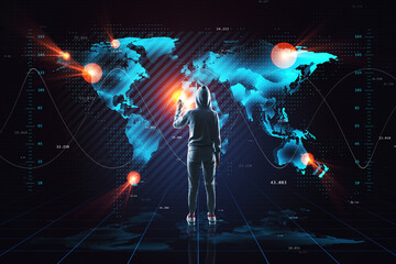 Haker using creative glowing map hologram on dark background. Technology, malware, future and...