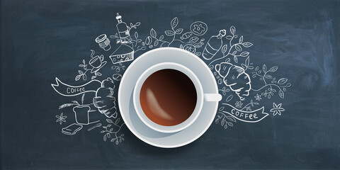 Top view of coffee cup on chalkboard background with food sketch. Breakfast concept.