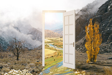 Abstract open door leading to beautiful landscape. Dream and success concept. 3D Rendering.