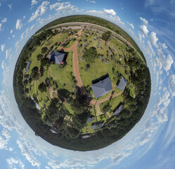 Globe panorama. stereographic projection of green park and ciy view. 360 degree panorama. little...