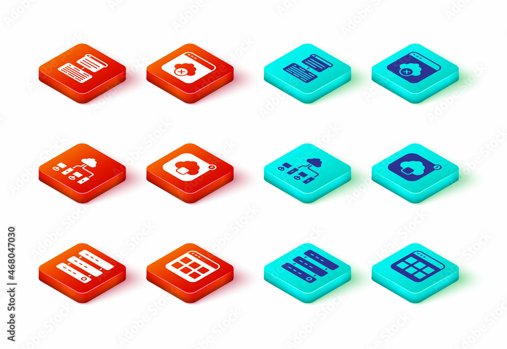 Poster set server, data, web hosting, browser files, computer network, cloud technology data transfer, fail