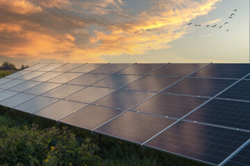 Photovoltaic solar panels as a renewable energy source. Solar panel at sunset. SUNSET