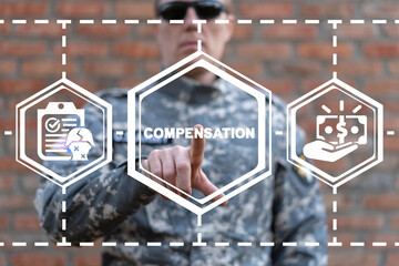 Military concept of soldiers compensation. Financial compensations a combat veterans and officer of...
