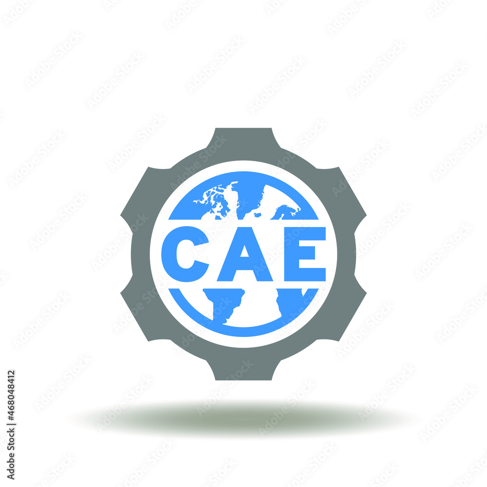 Poster vector illustration of gear and earth planet with cae acronym. symbol of computer aided engineering.