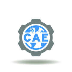 Vector illustration of gear and earth planet with cae acronym. Symbol of computer aided engineering. Icon of CAD computing development system.
