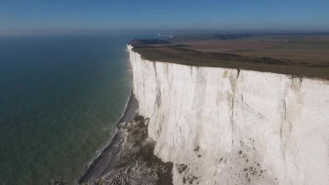 Aerial view for Beachy Head Eastbourne Sussex . Beachy Head is a chalk headland in East Sussex, England. It is situated close to Eastbourne, immediately east of the Seven Sisters. 