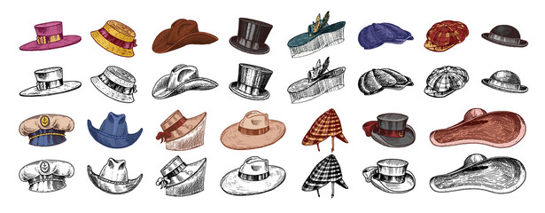 Hats vintage collection for elegant men, woman, female and ladies. Fedora Derby Deerstalker Homburg Bowler Straw Beret Captain Cowboy Porkpie Boater. Retro fashion set. English style. Hand drawn