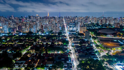 Aerial view of the Ibirapuera district at night. Avenida Paulista in the background. Selective focus