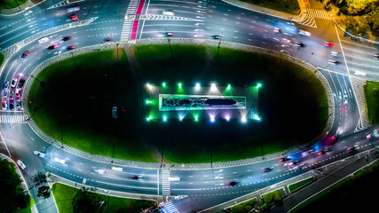 Monumento As Bandeiras in Ibirapuera Park in São Paulo, SP, Brazil.
Night aerial view. Hyperlapse. Selective focus