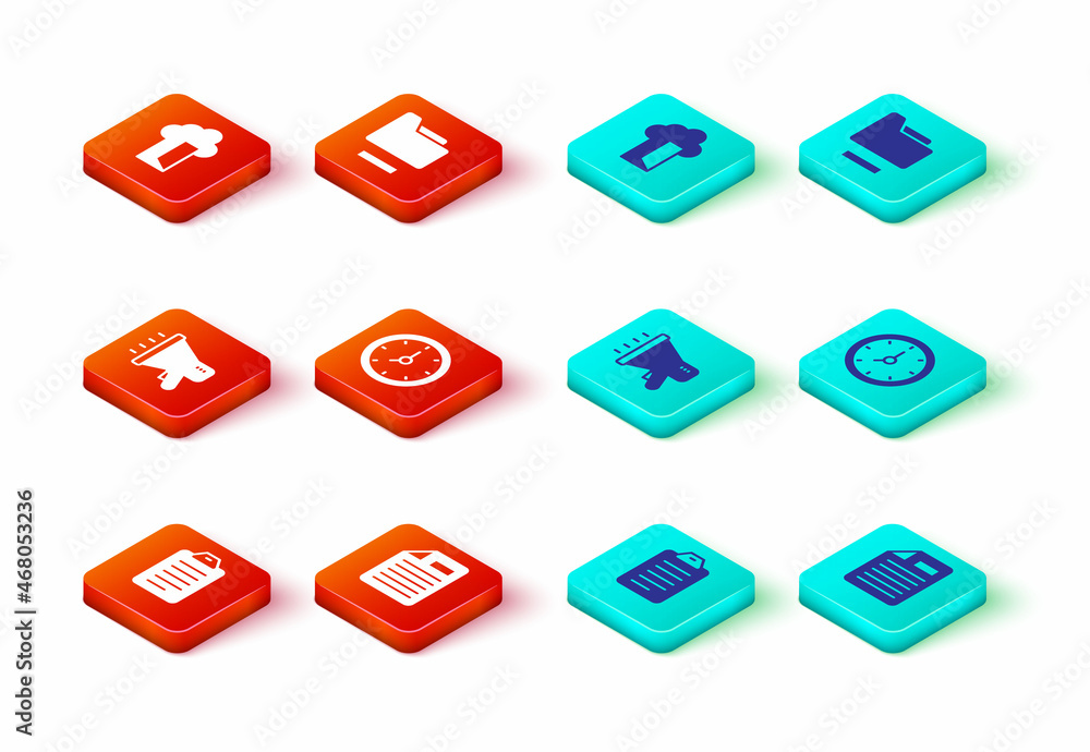 Poster set to do list or planning, file document, megaphone, clock, document folder and cloud database icon