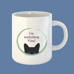 Ceramic mug with a cat. I am watching you! Print. Blank for logo placement. Example. Vector illustration. Isolated chromatic background. 3D rendering