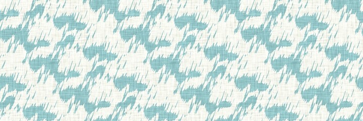 Obraz premium Aegean teal mottled border strip linen texture background. Summer coastal living style home decor fabric effect. Sea green wash grunge edge material. Decorative textile seamless pattern banner. 