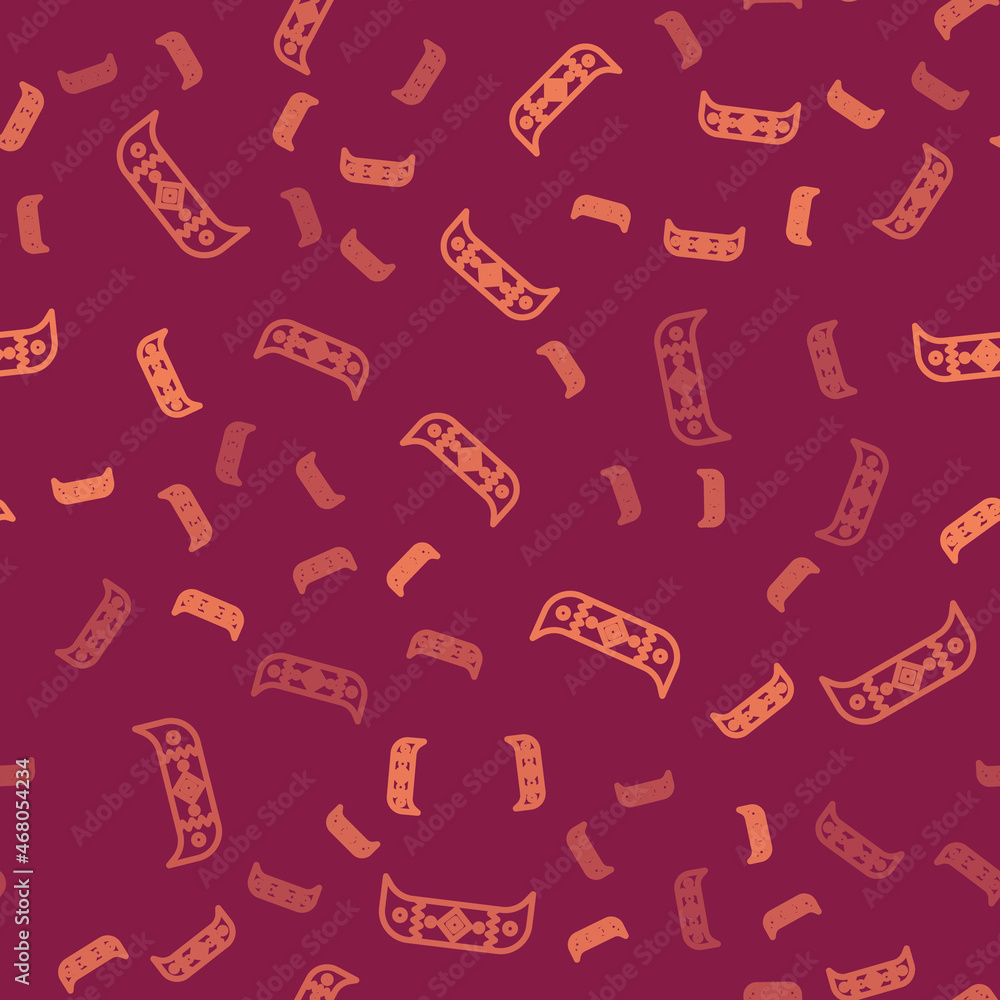Poster brown line kayak and paddle icon isolated seamless pattern on red background. kayak and canoe for fi