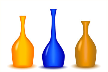 Modern color glass vases row isolated on white background. Row colorful glass bottles in yellow, blue and orange. 3D design.