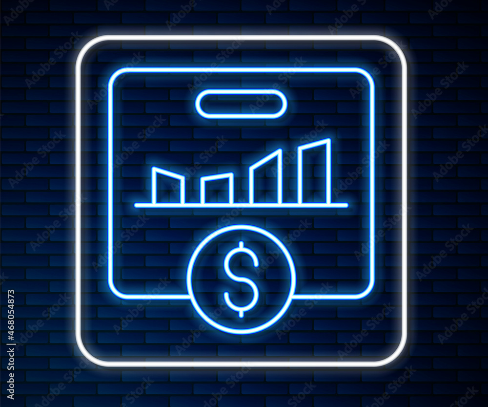 Poster glowing neon line kpi - key performance indicator icon isolated on brick wall background. vector