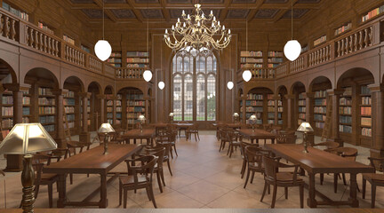 Victorian library room interior 3d illustration