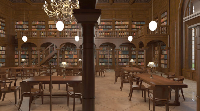 Victorian library room interior 3d illustration