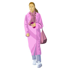Young woman wearing a pink coat, scarf, pants and sneakers walking with phone and bag. Girl listening to music with bluetooth headphones and relaxing. Vector illustration isolated on white background.
