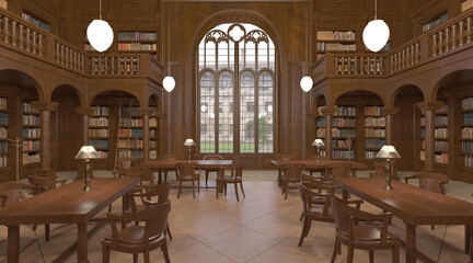 Victorian library room interior 3d illustration
