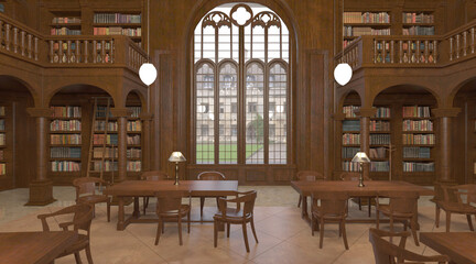 Victorian library room interior 3d illustration