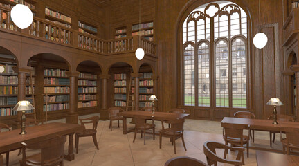 Victorian library room interior 3d illustration