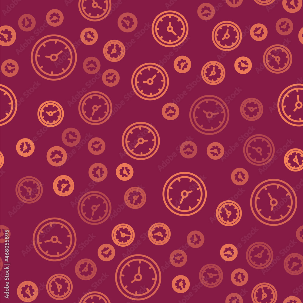 Poster brown line clock icon isolated seamless pattern on red background. time symbol. vector