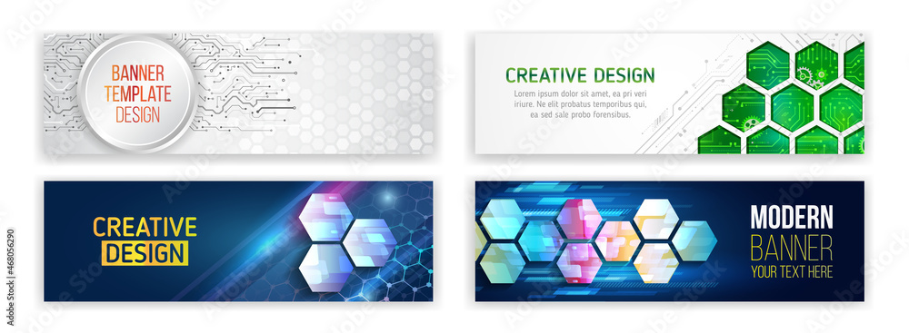 Poster Set of modern banner templates for websites. Abstract social media cover design. Horizontal header web background. High tech design with technological elements. Science and digital technology concept