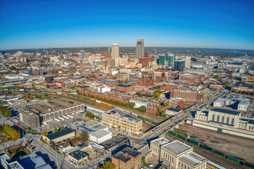 Aerial View of Downtown Omaha, Nebraska in Autumn - obrazy, fototapety, plakaty