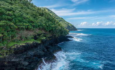 Drone shot aerial view of the shores in Tahiti, French Polynesia