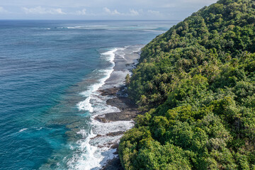 Drone shot aerial view of the shores in Tahiti, French Polynesia