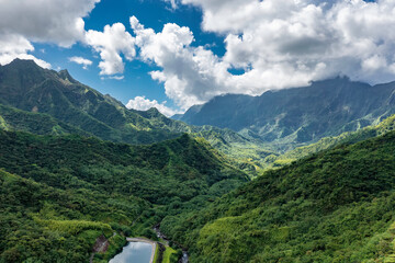 Fototapeta na wymiar Drone shot aerial view of the mountains in Tahiti, French Polynesia