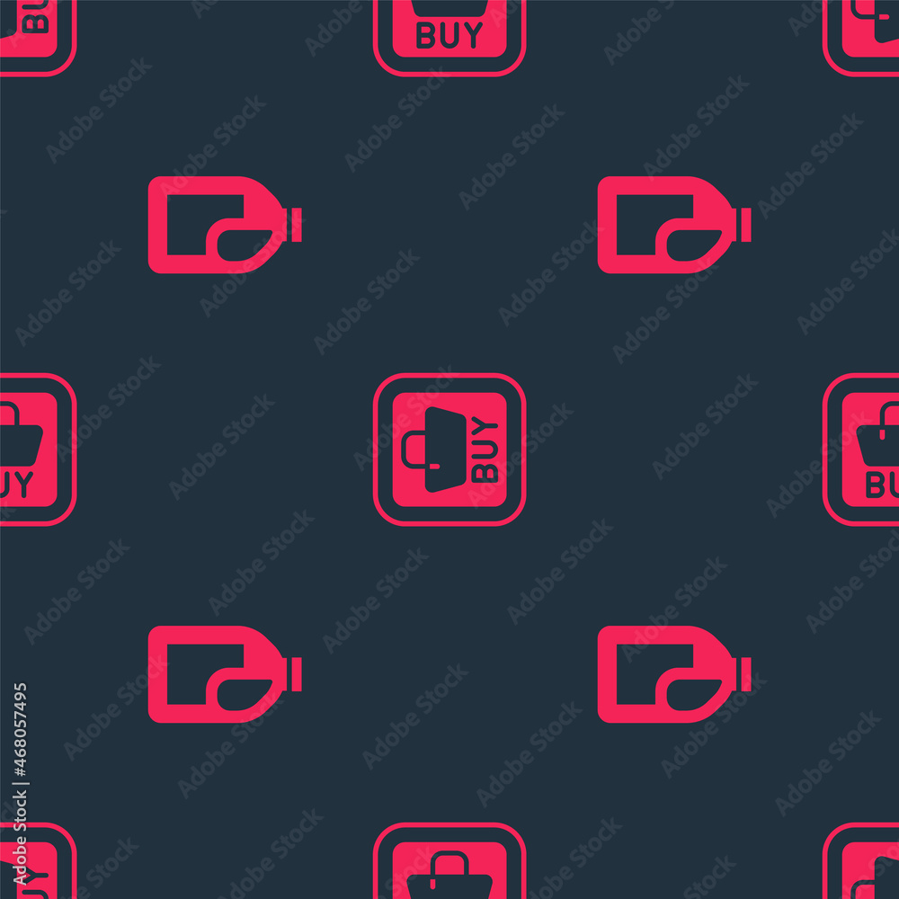 Aufkleber set bottle for cleaning agent and buy button on seamless pattern. vector