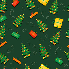 Christmas green pattern with Christmas trees and gifts. A design element for wrapping and Christmas gifts. Vector pattern for Christmas.