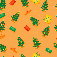 Christmas orange pattern with Christmas trees and gifts. A design element for wrapping and Christmas gifts. Vector pattern for Christmas.