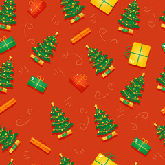 Christmas red pattern with Christmas trees and gifts. A design element for wrapping and Christmas gifts. Vector pattern for Christmas.