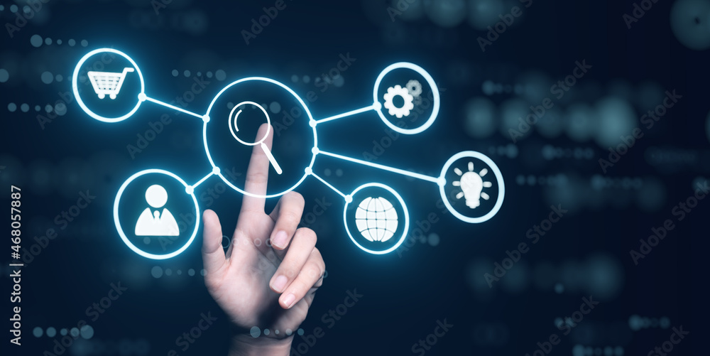 Poster online internet networking and data connection business people and technology concept, with hand tou