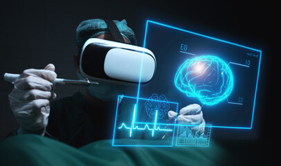 Doctor surgeon operating on ill patient brain using tools and computer holographic user interface UI simulation technology concept, futuristic innovation tech medical healthcare operation room - Powered by Adobe