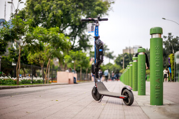 .Modern electric scooter stationed in Miraflores District from Lima, Peru