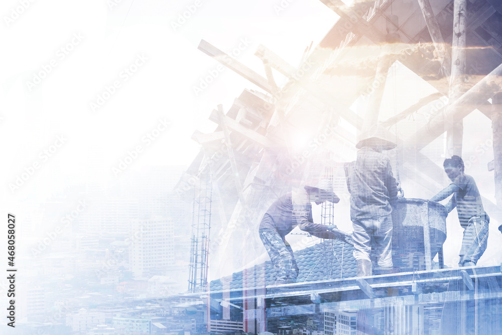 Poster double exposure architecture engineering teamwork concept, working as team construction worker worki