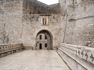 Entrance to ancient city of Dubrovnik in Croatia through the  massive city wall.
