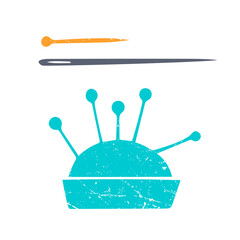 Vector set of images of pincushion with needles. Handmade, sewing, clothing. Vintage, grunge, flat, minimalism, illustration. Colored on white.