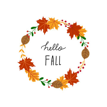 Hello autumn. Vector autumn illustration. Frame with autumn symbols. A place for your design.