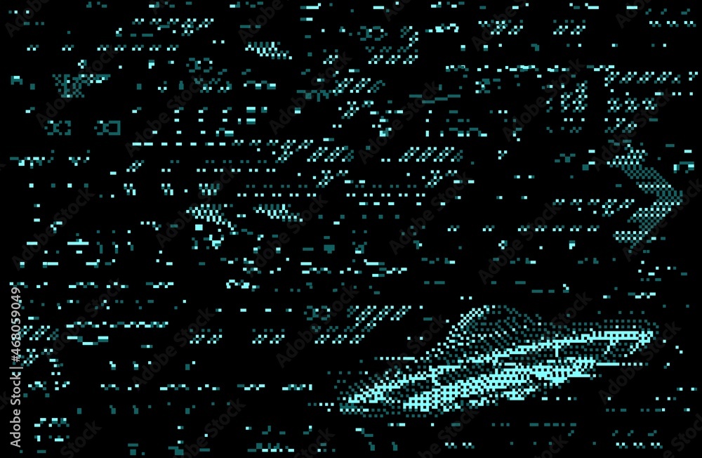 Aufkleber Monitor screen glitch error distortion with UFO or alien flying saucer on abstract background of blue neon digital pixel noise. Vector TV static screen and broken VHS video effect, space technologies