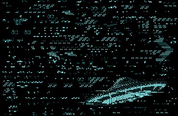 Monitor screen glitch error distortion with UFO or alien flying saucer on abstract background of blue neon digital pixel noise. Vector TV static screen and broken VHS video effect, space technologies © Vector Tradition