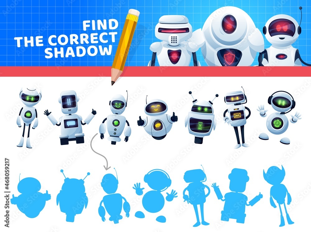 Poster Find a correct robot shadow. Kids game or puzzle vector template of education memory riddle, maze or test with matching pair task, connect cartoon robots, bots and artificial intelligence droids